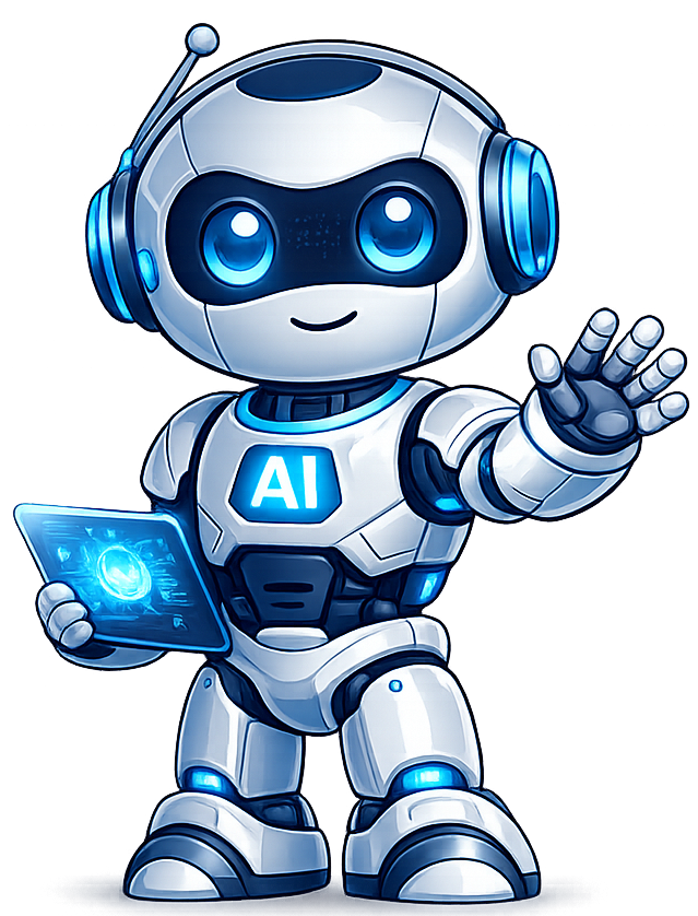 Friendly AI robot mascot holding tablet